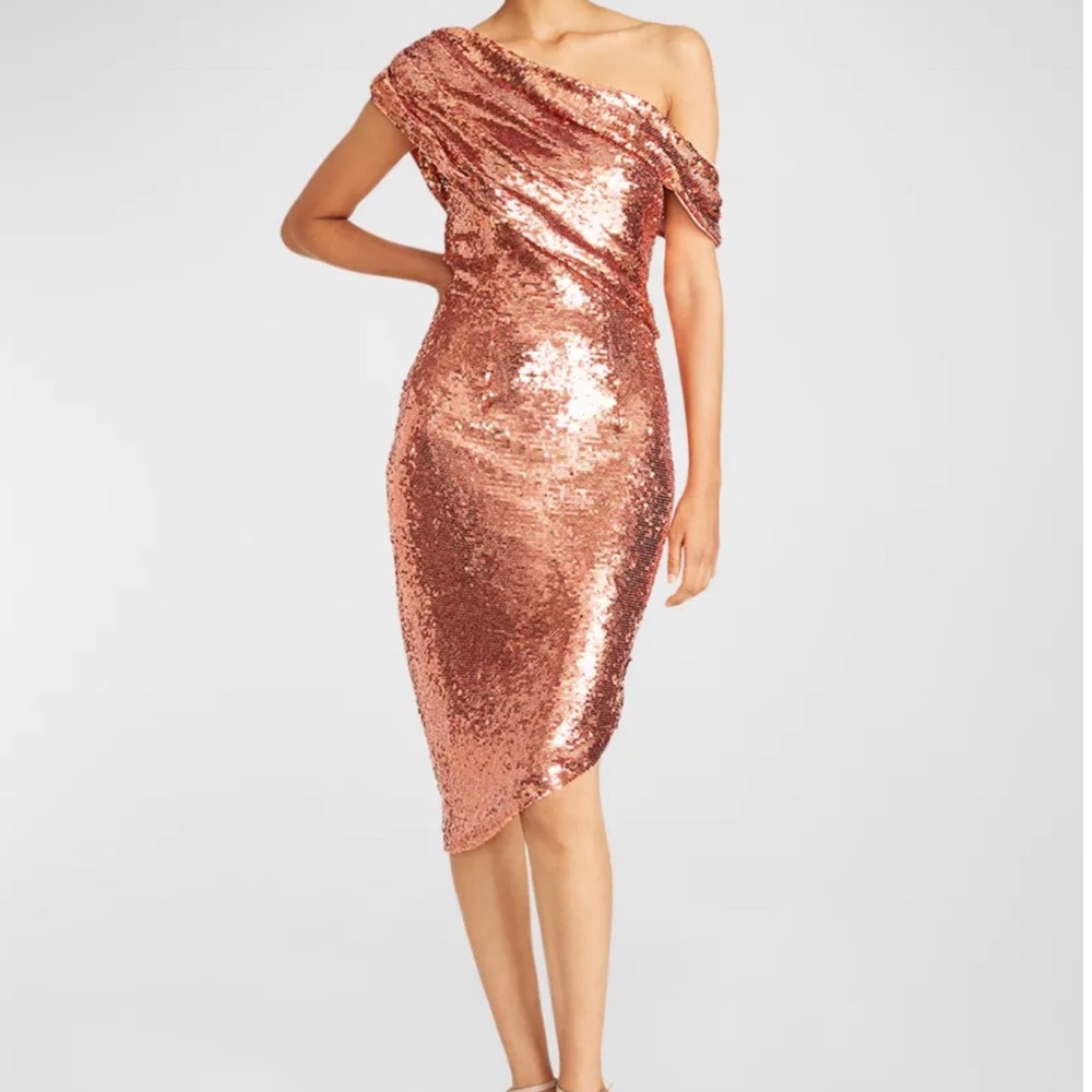 Theia Arden Draped One-Shoulder Sequin Midi Dress in Rose Gold
